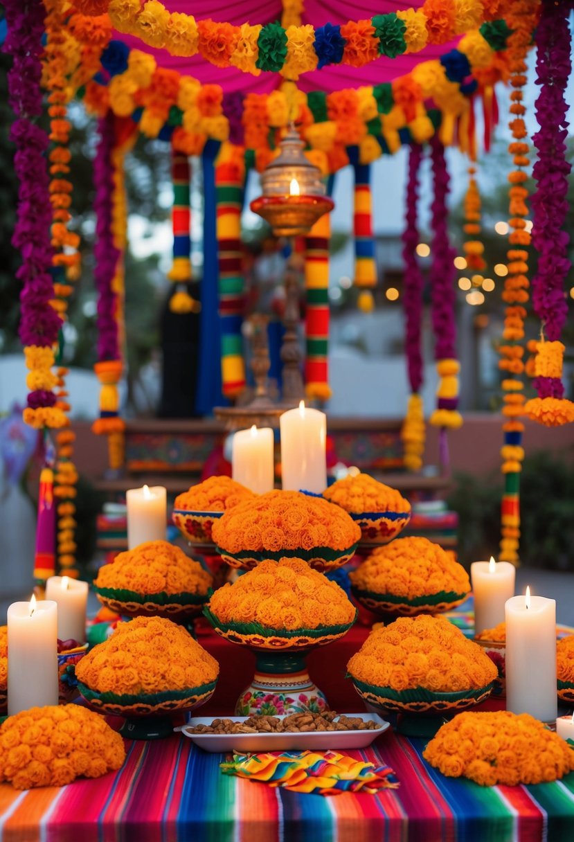 A vibrant ofrenda table adorned with marigolds, papel picado, candles, and traditional Mexican wedding decor