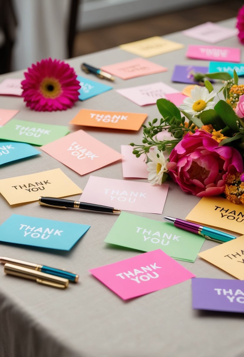 A table scattered with colorful thank you notes, pens, and flowers