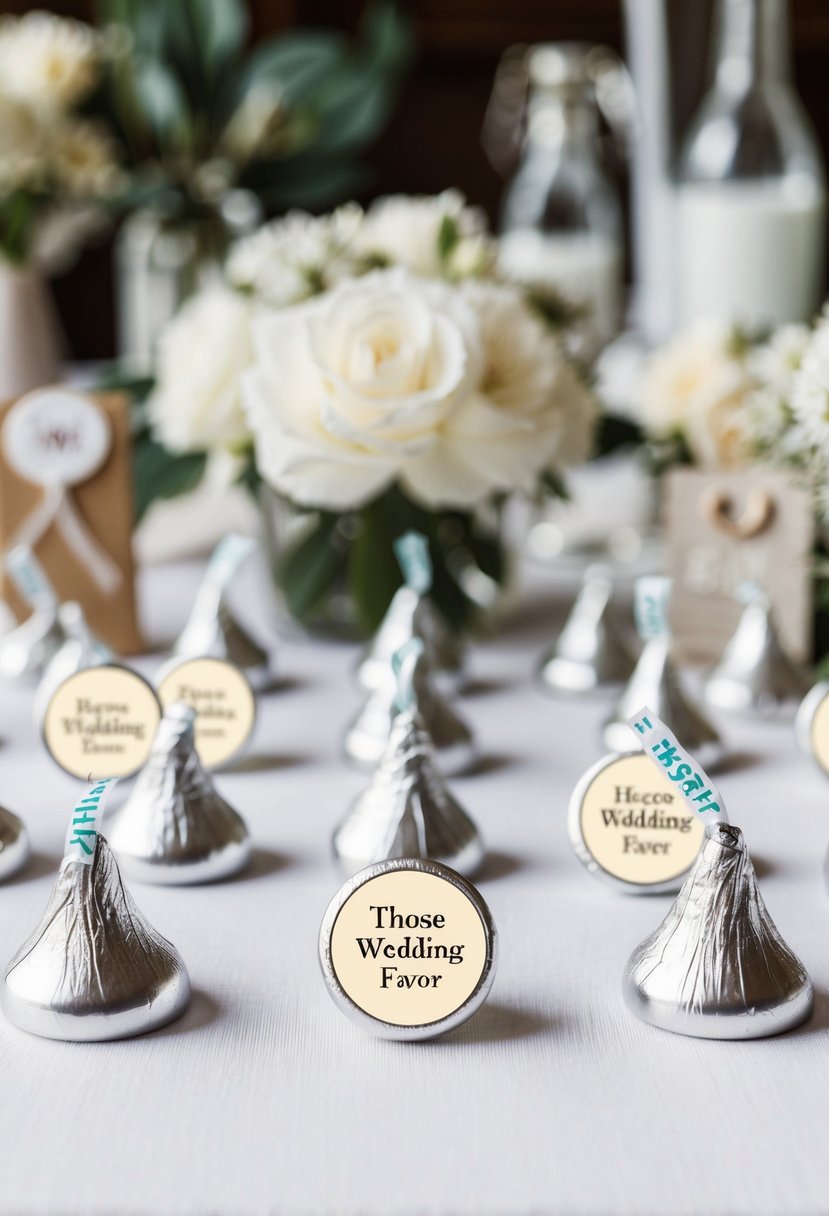 A table adorned with personalized Hershey Kiss favor stickers for wedding favors, surrounded by various wedding decor and packaging materials