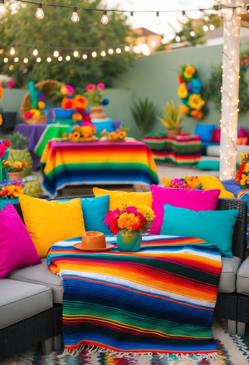 Colorful Mexican blankets draped over seating areas in a festive outdoor setting, with vibrant flowers and decorations