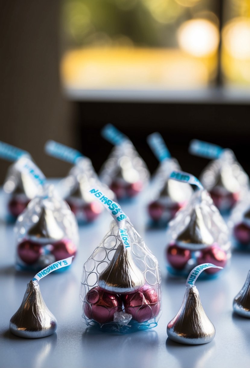 Bubble wrap favors filled with Hershey's Kisses arranged on a table