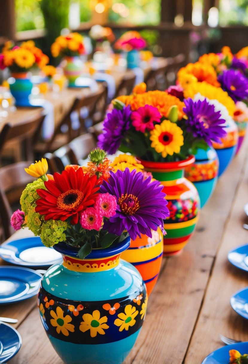 Colorful flowers in traditional Mexican vases, arranged on rustic wooden tables for a vibrant wedding celebration