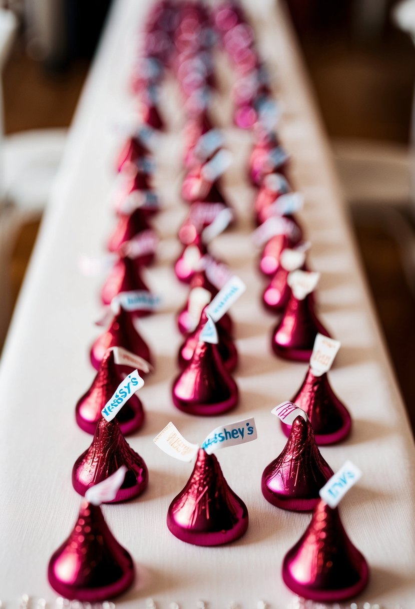 A table lined with Hershey's Kisses packs, each adorned with unique, customized tags, ready to be used as wedding favors