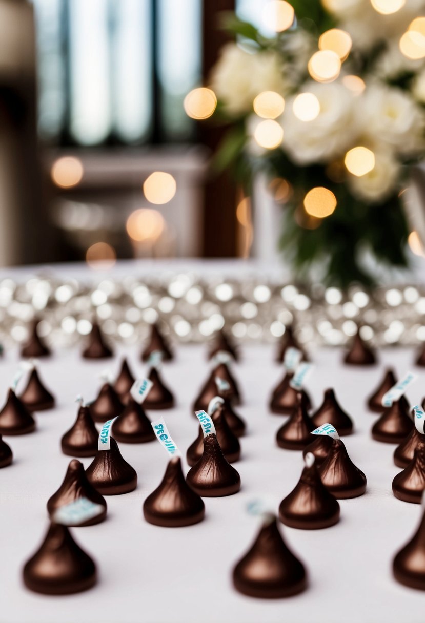 A table with Hershey's Kisses arranged in decorative patterns for wedding favors at a reception