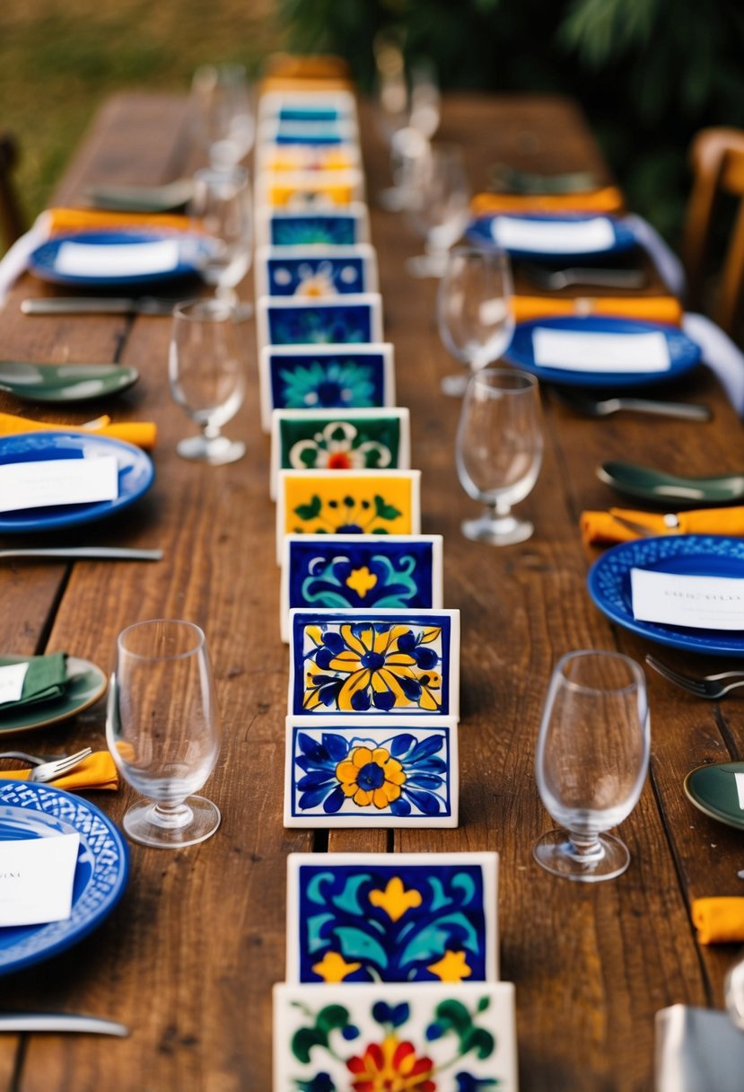 Vibrant Talavera tiles arranged as place cards on a rustic wooden table for a Mexican wedding celebration