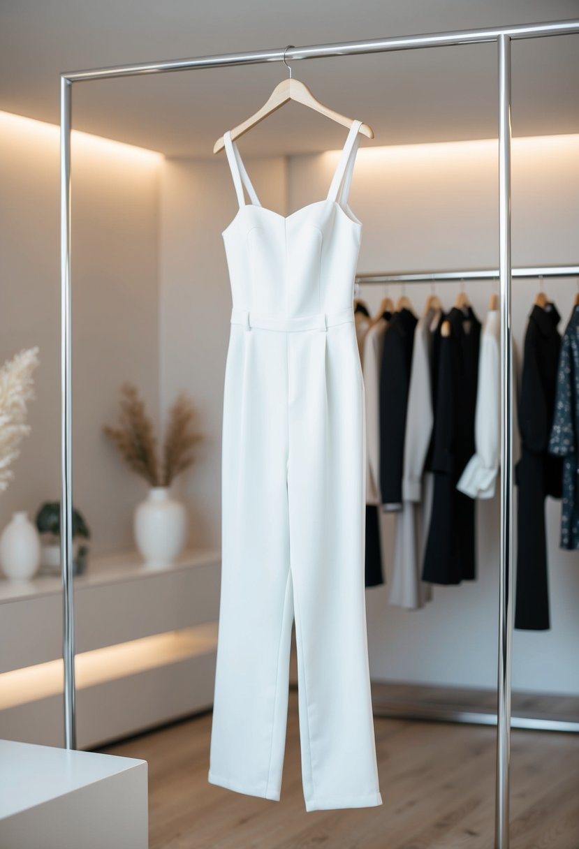 A chic white jumpsuit hangs on a sleek modern clothing rack, surrounded by minimalist decor and soft lighting