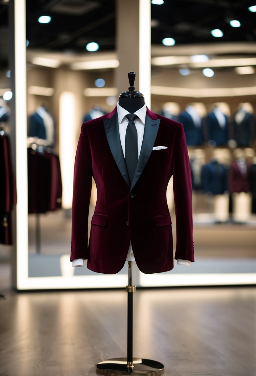 A deep burgundy velvet suit displayed on a sleek mannequin