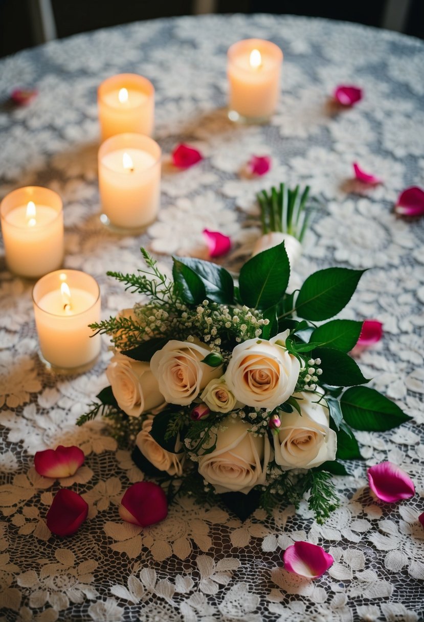 A bride's bouquet lying on a vintage lace tablecloth, surrounded by scattered rose petals and flickering candlelight