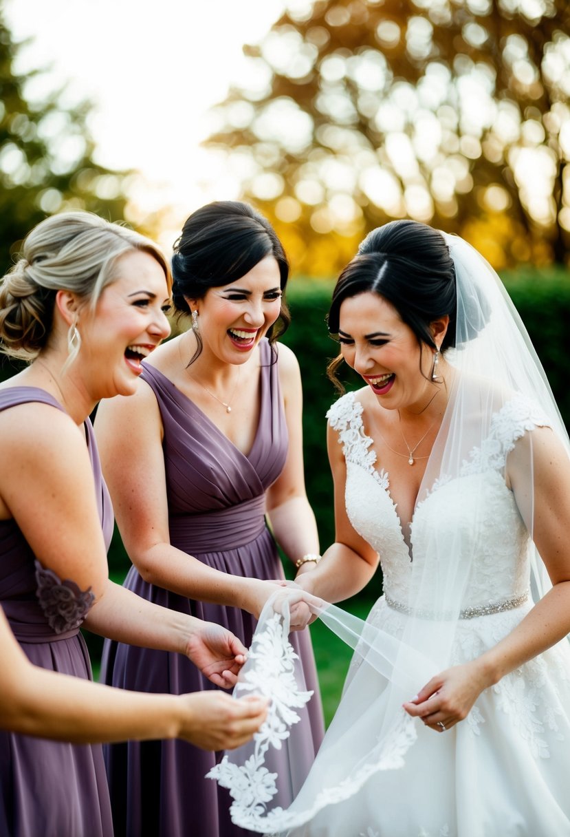 Bridesmaids laughing while helping the bride with her veil and dress