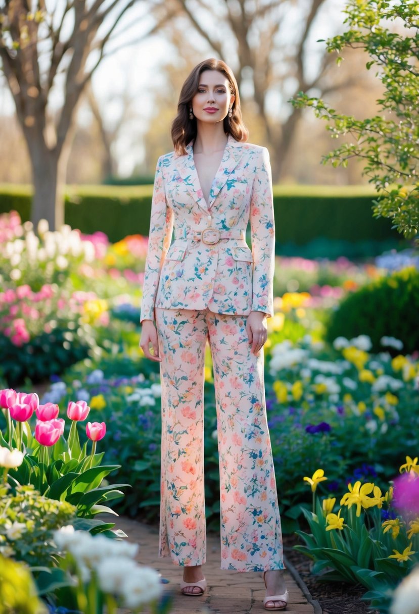 A woman in a floral-patterned suit stands in a blooming garden, surrounded by vibrant flowers and greenery, with a soft spring sunlight casting a warm glow on the scene