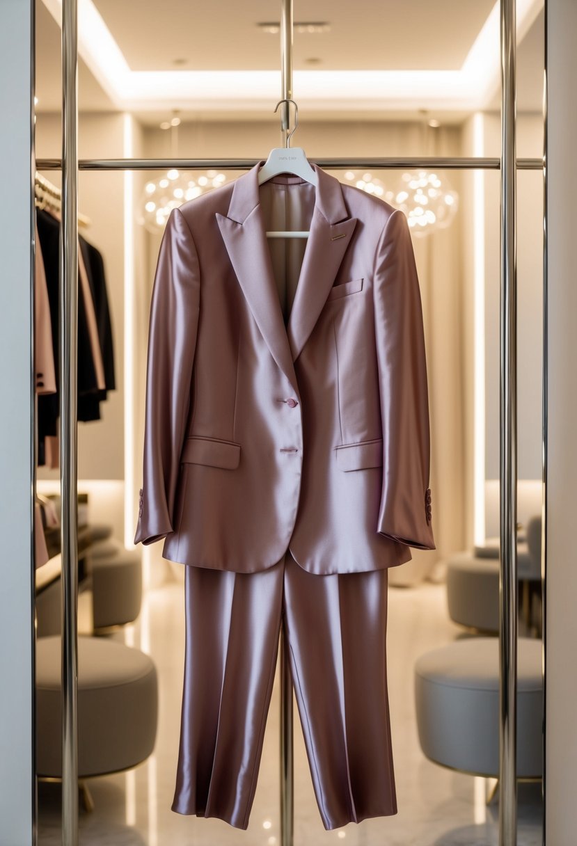 A luxurious dusty rose silk suit hangs on a sleek modern clothing rack, surrounded by soft lighting and elegant decor