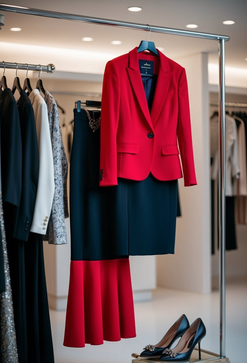 A bold red blazer and skirt combo hanging on a sleek clothing rack, surrounded by elegant accessories and shoes