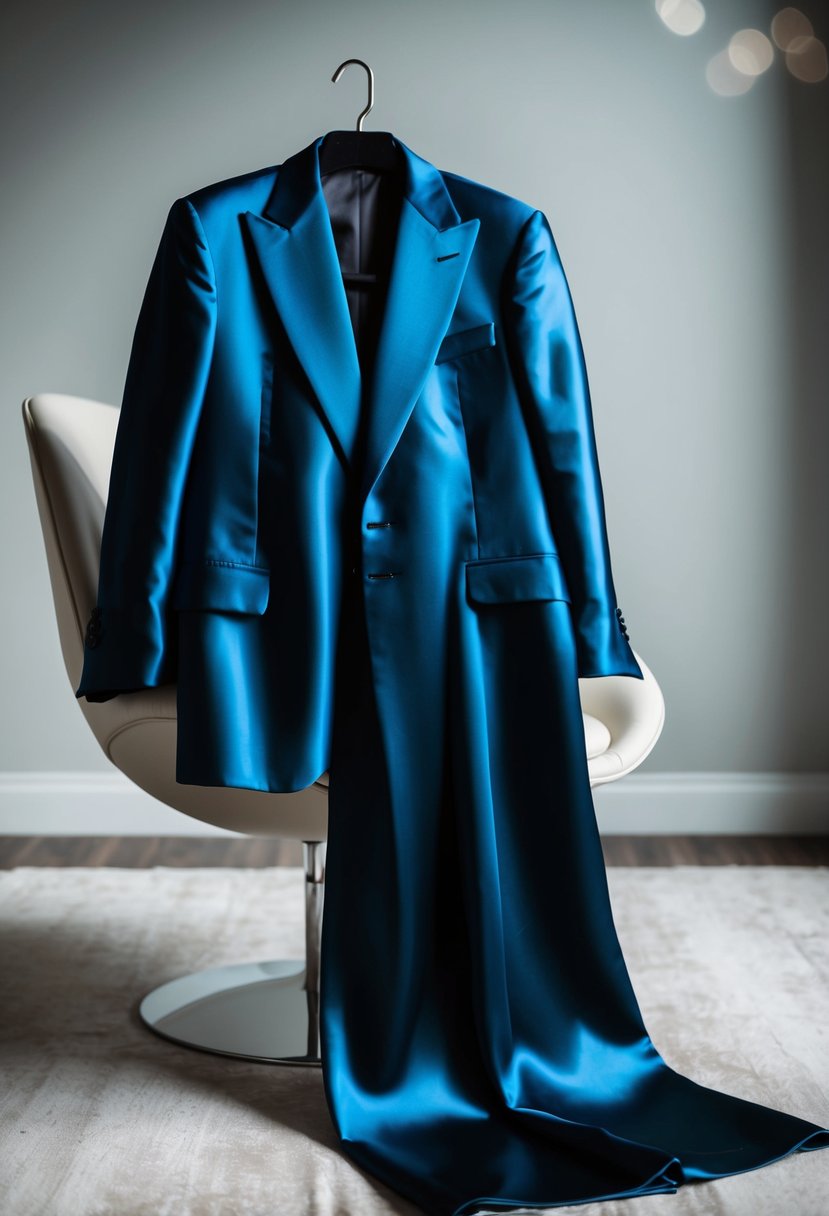 A luxurious midnight blue satin suit draped over a sleek, modern chair in a softly lit room