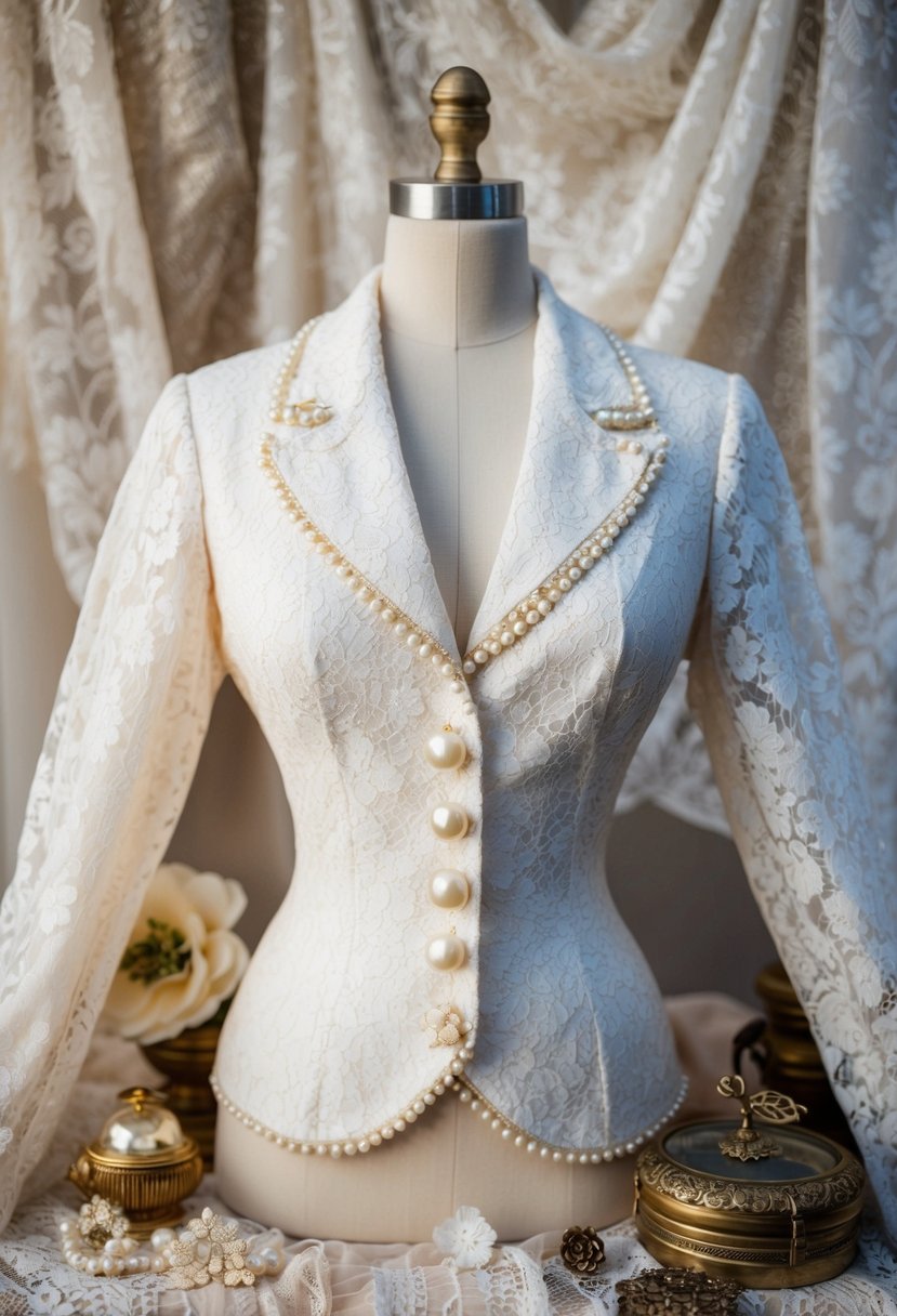 A vintage-inspired lace suit with pearl buttons displayed on a dress form, surrounded by delicate lace fabric and antique accessories