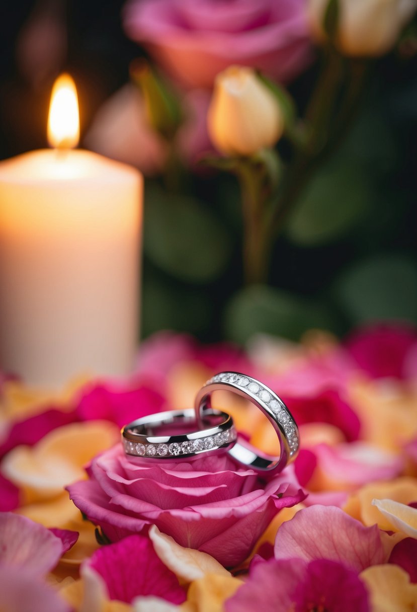 Two wedding rings resting on a bed of rose petals, surrounded by soft candlelight