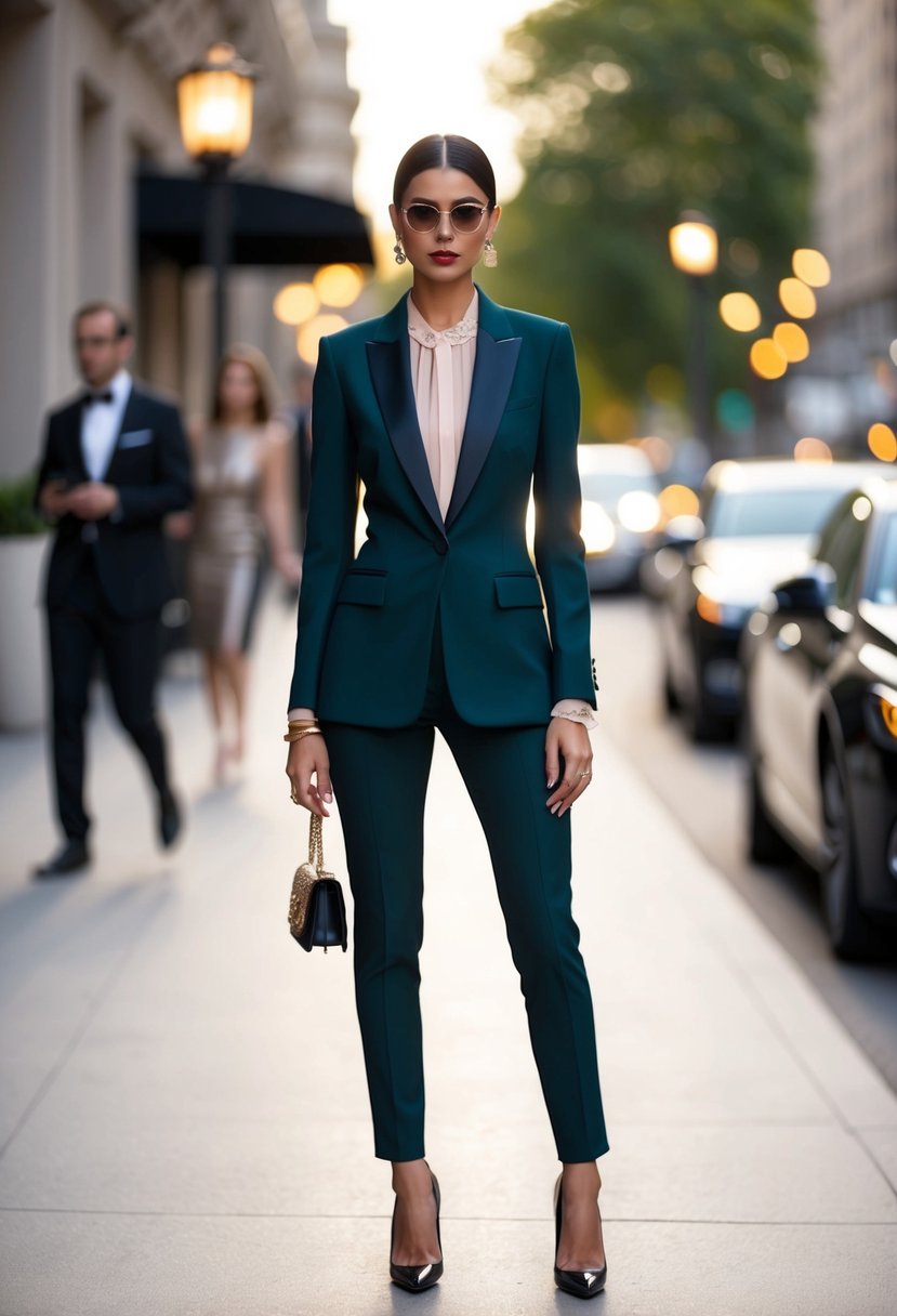 A sleek, tailored tuxedo with a feminine twist, featuring a fitted jacket and slim trousers in a luxurious fabric, paired with a delicate blouse and statement accessories