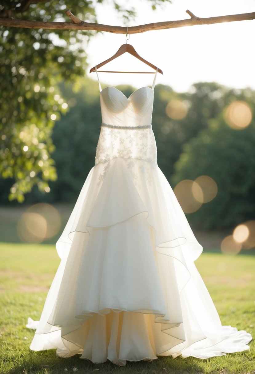 A flowing white wedding dress hanging from a rustic wooden hanger, surrounded by soft natural light