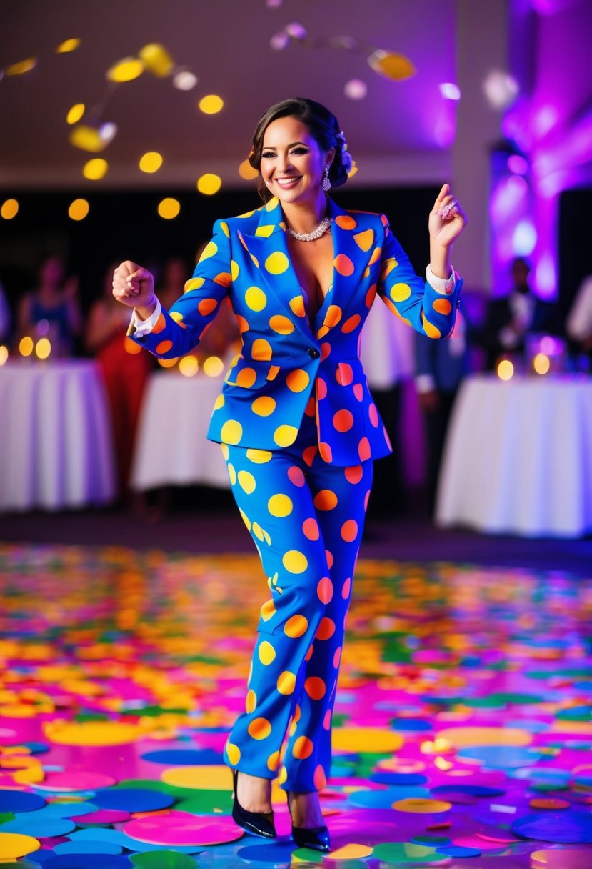 A woman in a vibrant polka dot suit dances on a colorful, confetti-covered dance floor at a wedding reception