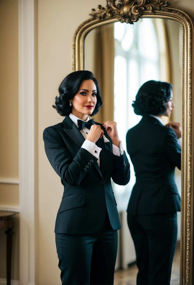 A woman in a classic black tie suit with a tailcoat stands confidently in front of a grand, ornate mirror, adjusting her cufflinks