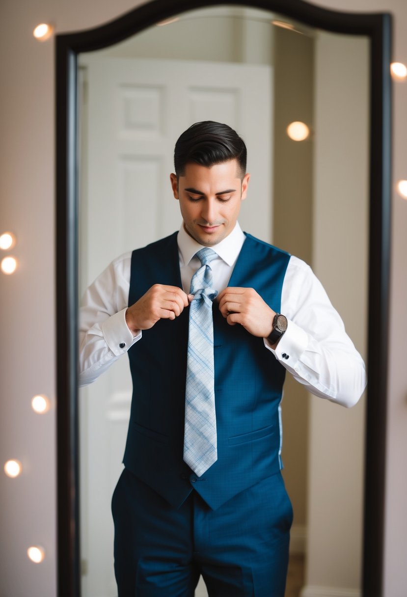 A groom straightening his tie in front of a mirror