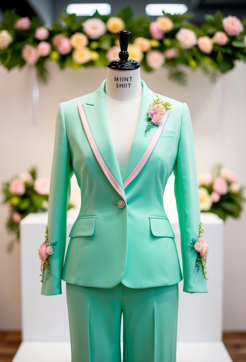 A mint green pastel palette suit displayed on a mannequin with matching accessories and floral accents