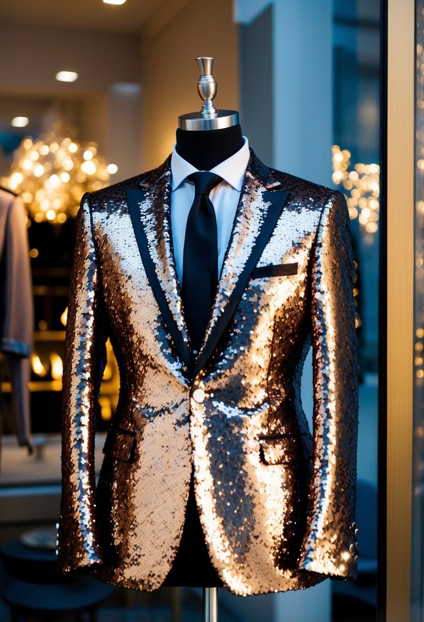 A shimmery sequin suit hangs on a sleek mannequin in a luxurious boutique window, catching the evening light with its dazzling sparkle