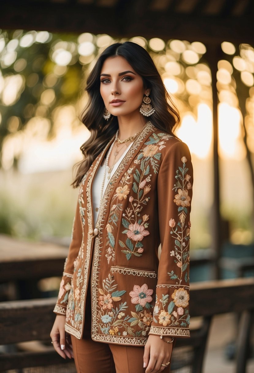 An intricately embroidered bohemian suit in earthy tones, featuring floral patterns and delicate stitching