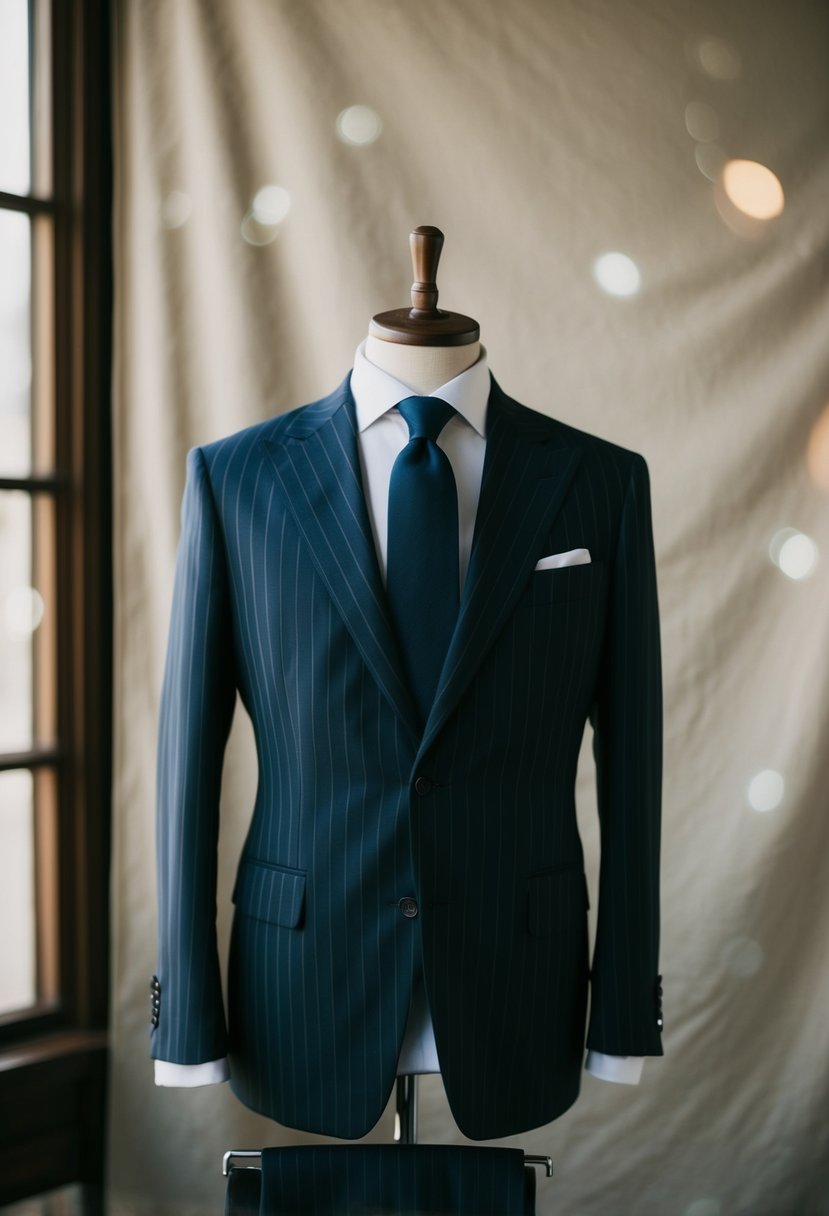 A mannequin wearing a crisp pinstripe suit stands against a traditional backdrop, exuding elegance and sophistication