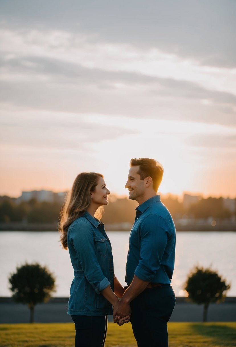 A couple stands facing each other, gazing into each other's eyes with a sense of love and anticipation