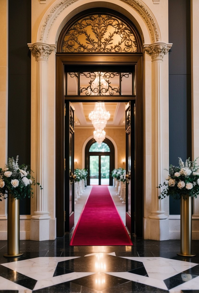 A grand doorway with ornate architecture and a red carpet leading into a beautifully lit wedding venue