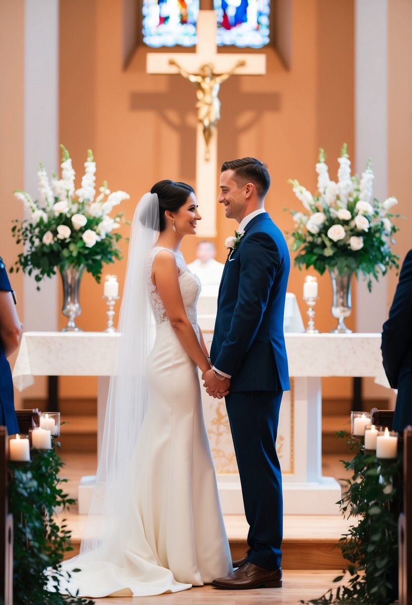 A couple standing at the altar, facing each other, with flowers and candles in the background