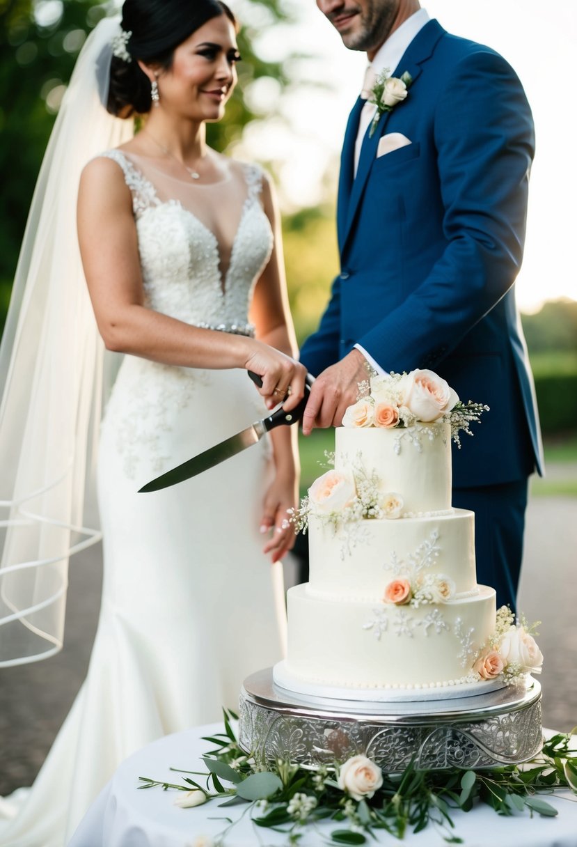 A bride and groom stand side by side, each holding a knife as they prepare to cut into a tiered wedding cake. The cake is adorned with delicate flowers and intricate designs