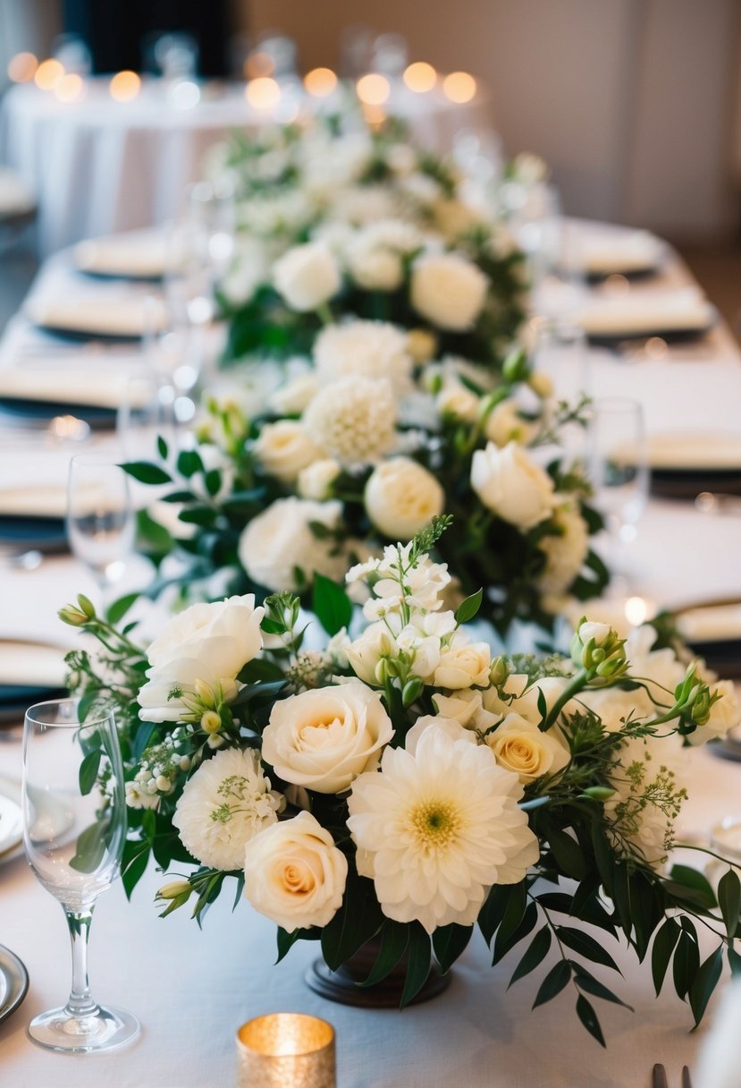 A close-up of elegant floral centerpieces arranged on a wedding reception table