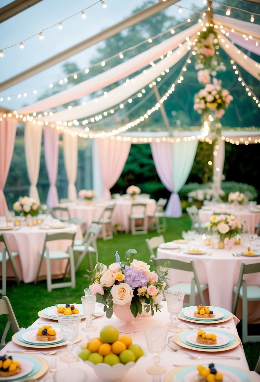 A garden party with pastel decorations, floral centerpieces, and a canopy of twinkling lights. Tables set with delicate china and overflowing with fresh fruit and desserts