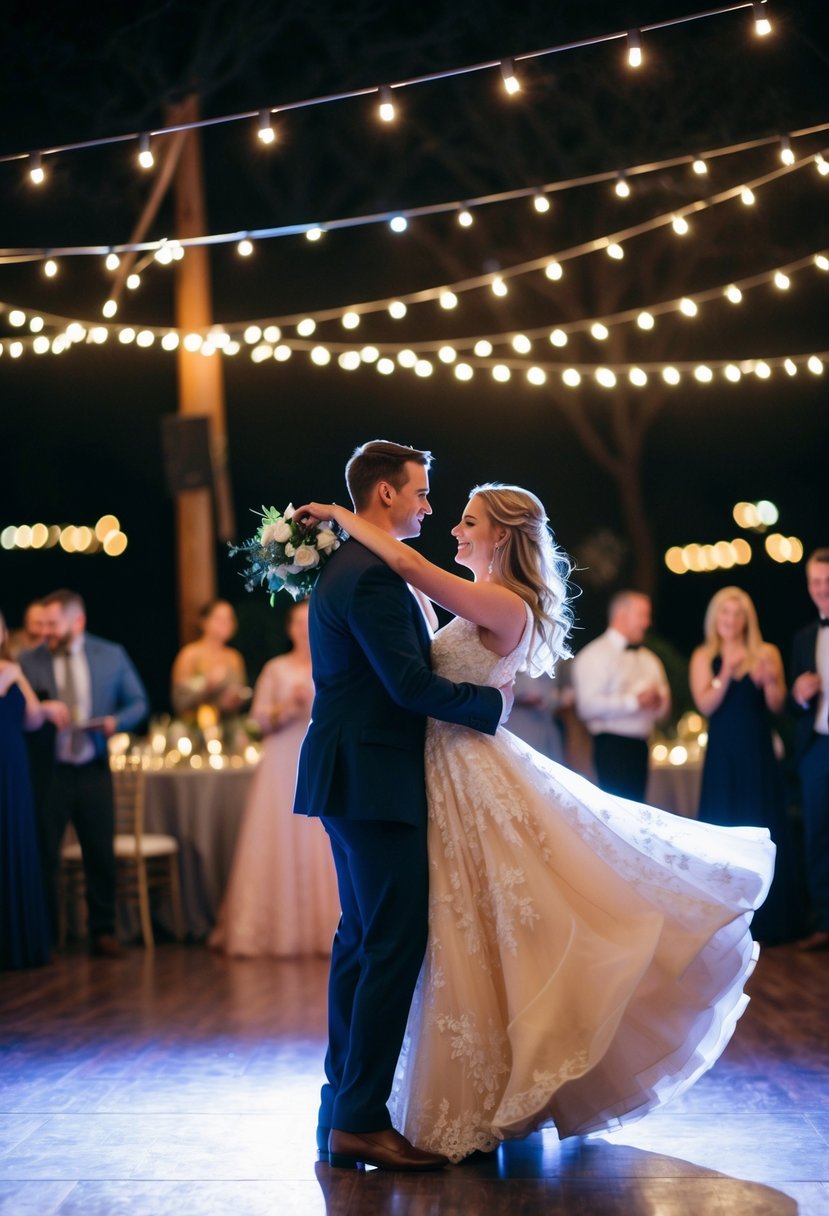 A couple twirls on a moonlit dance floor, surrounded by twinkling lights and romantic ambiance