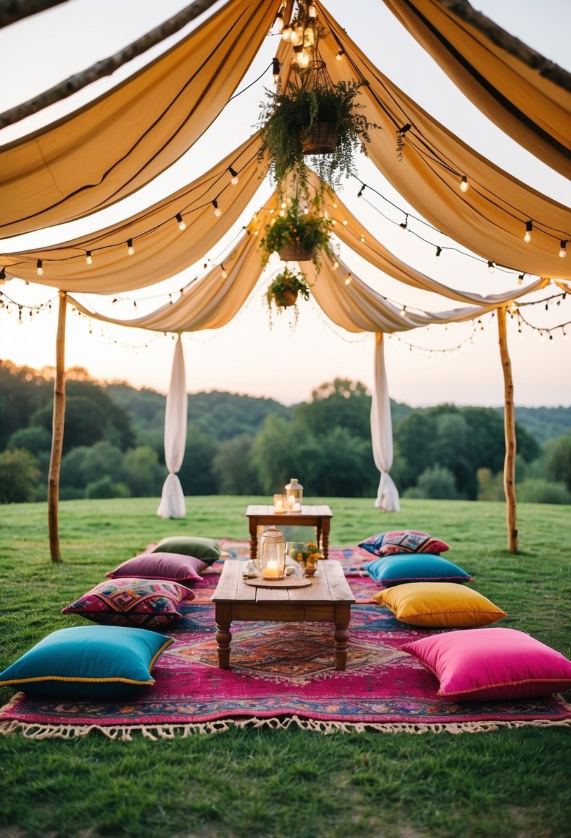 A whimsical picnic setup with bohemian rugs, low tables, and colorful cushions under a canopy of draped fabric and hanging fairy lights