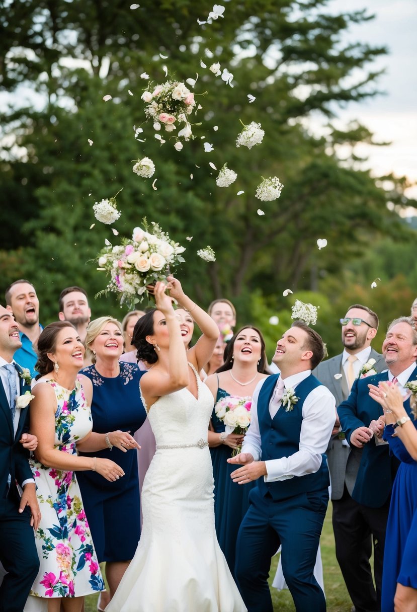 Guests eagerly gather as the bride prepares to toss her bouquet. The air is filled with anticipation and excitement as they vie for the chance to catch the flowers