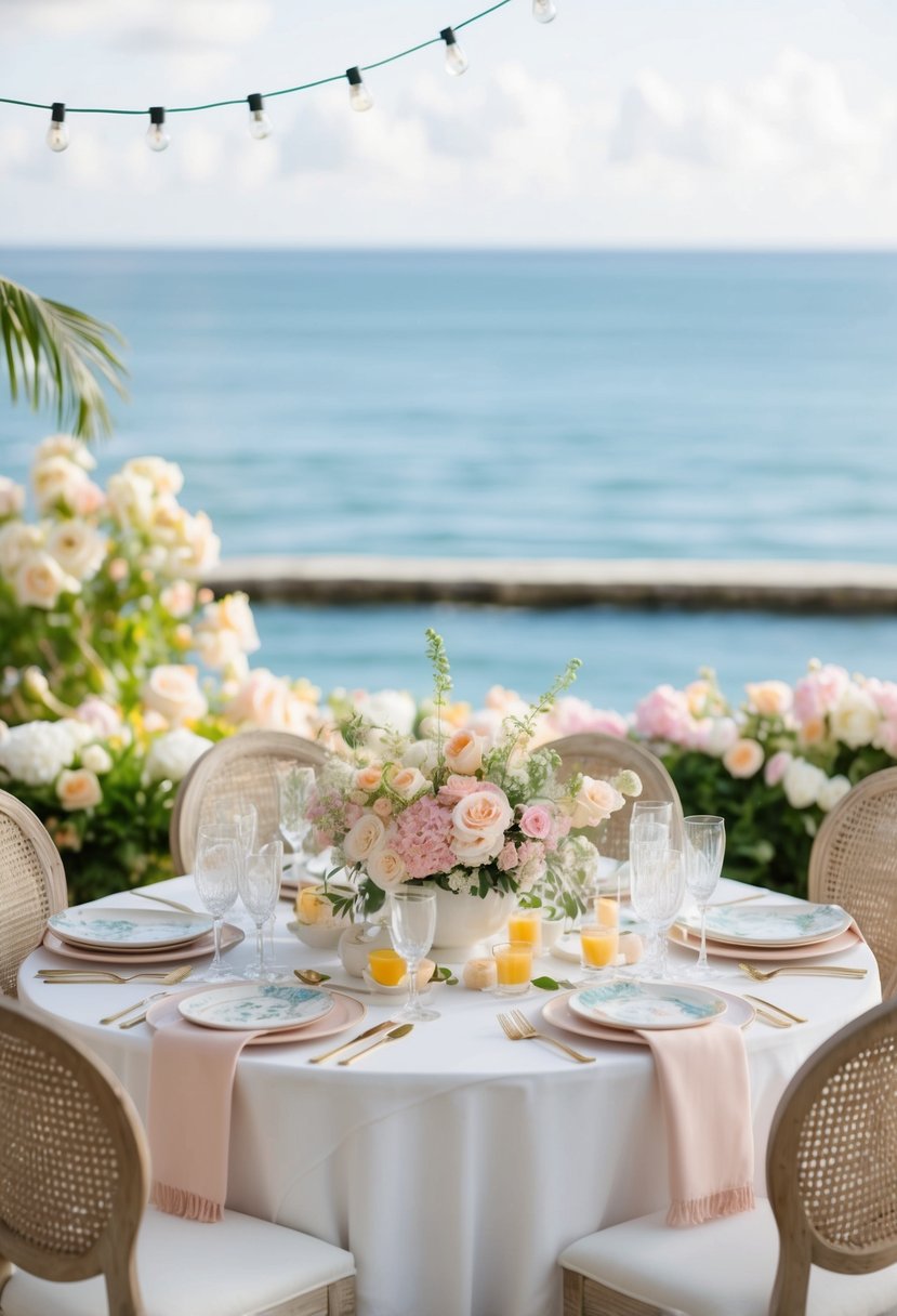 A seaside brunch wedding shower: a table set with elegant place settings, surrounded by pastel-colored flowers and overlooking a tranquil ocean view