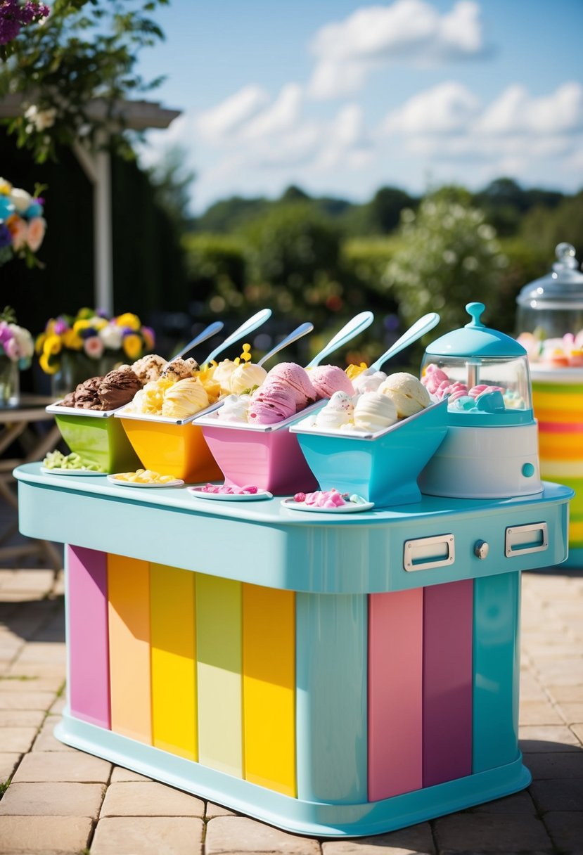 A colorful ice cream station with various toppings and flavors, set up on a sunny outdoor patio for a summer wedding shower