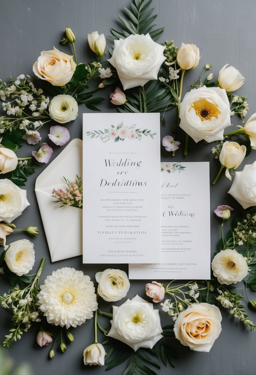 A flat lay of wedding invitations surrounded by flowers and elegant decor