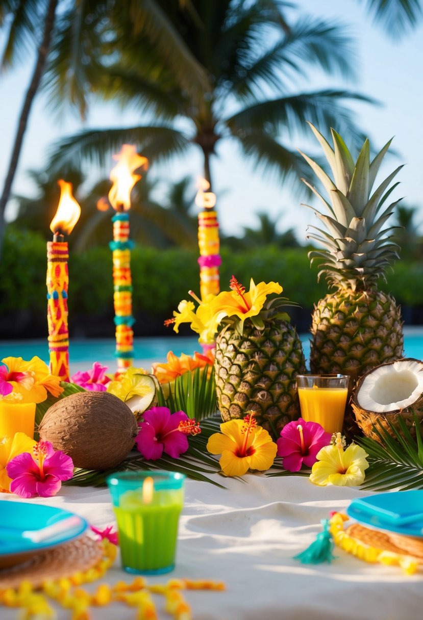 A colorful tropical luau celebration with tiki torches, leis, hibiscus flowers, pineapples, coconuts, and palm trees