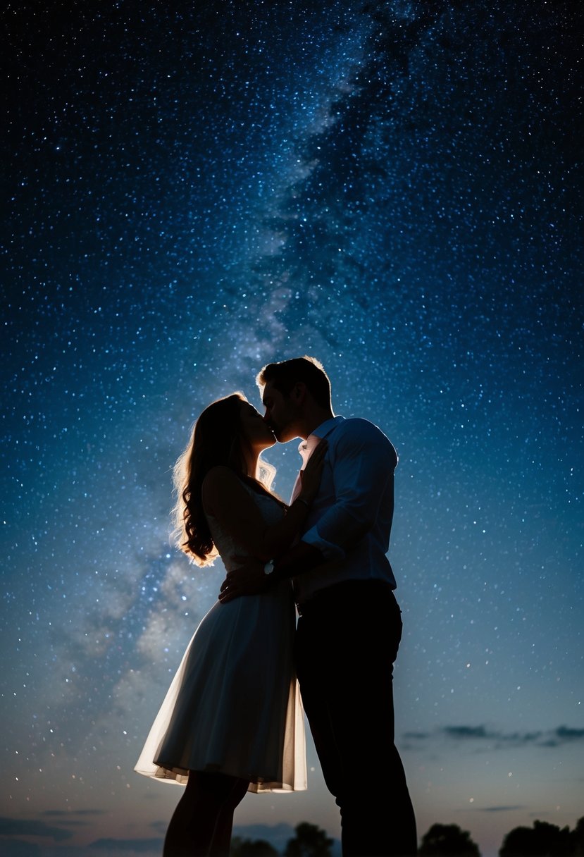 A couple stands under a starry sky, embracing in a passionate kiss with soft moonlight illuminating their silhouette