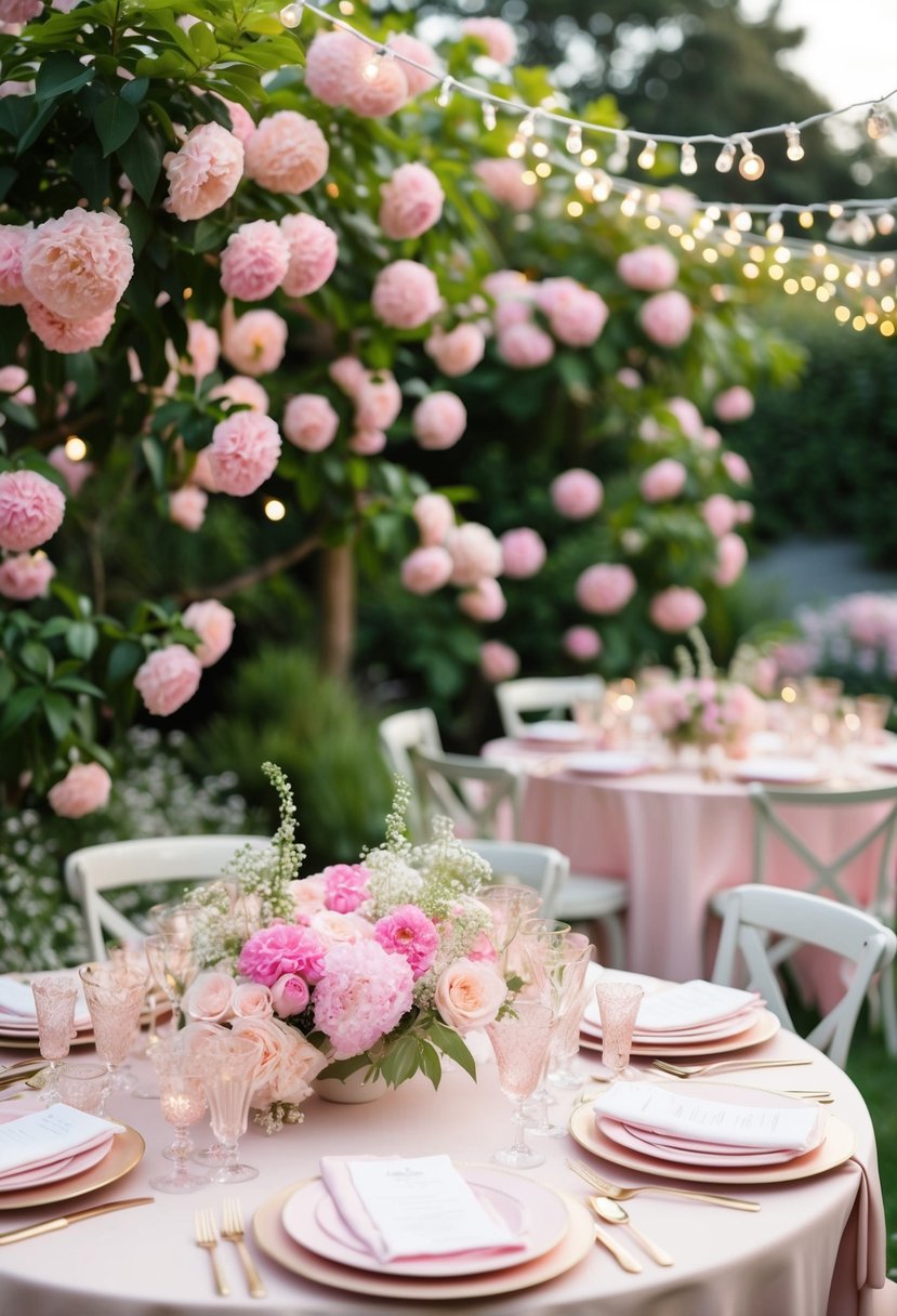 A lush garden filled with blooming pink lemonade flowers, adorned with delicate fairy lights and tables set with pastel linens and sparkling glassware