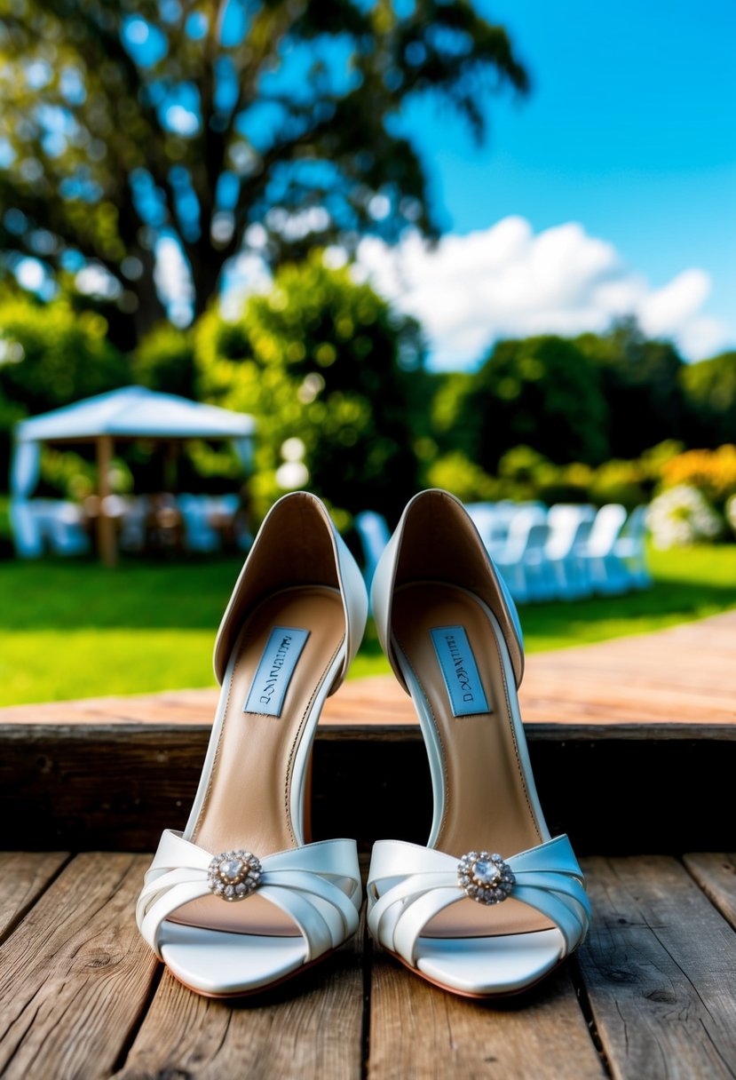 A pair of elegant white bridal shoes placed on a rustic wooden floor against a backdrop of a picturesque outdoor wedding venue with lush greenery and a clear blue sky