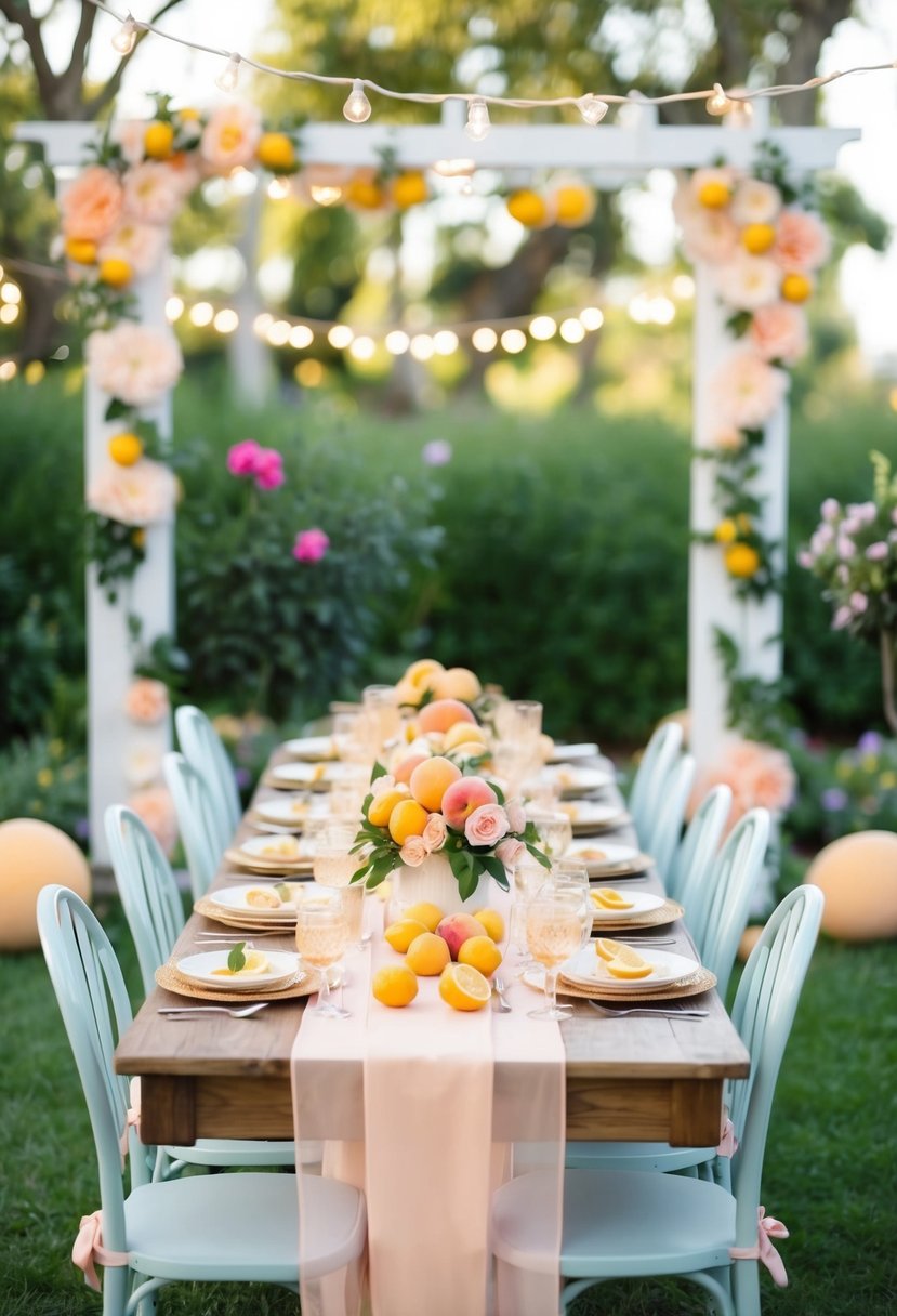 A table set with peach and citrus centerpieces, surrounded by pastel decorations and twinkling lights in a garden setting