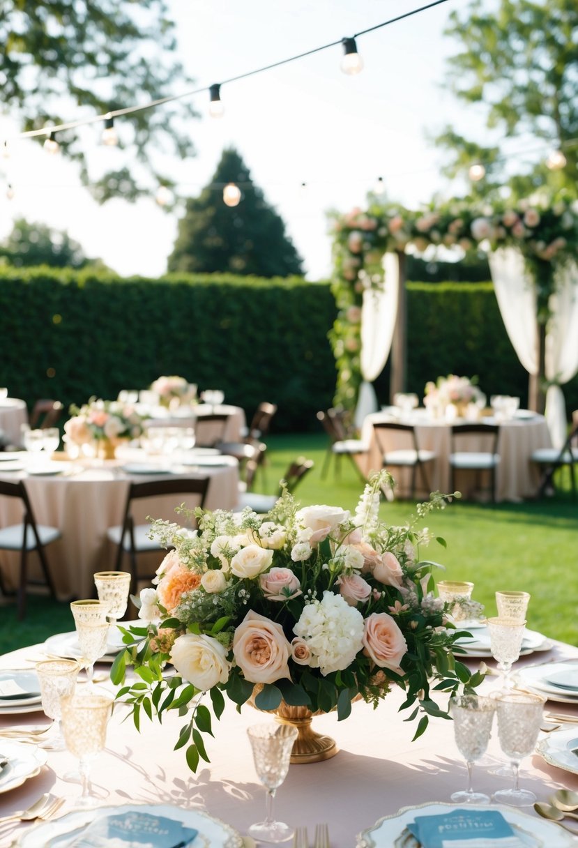 A vintage-inspired outdoor garden party with elegant decor and floral arrangements