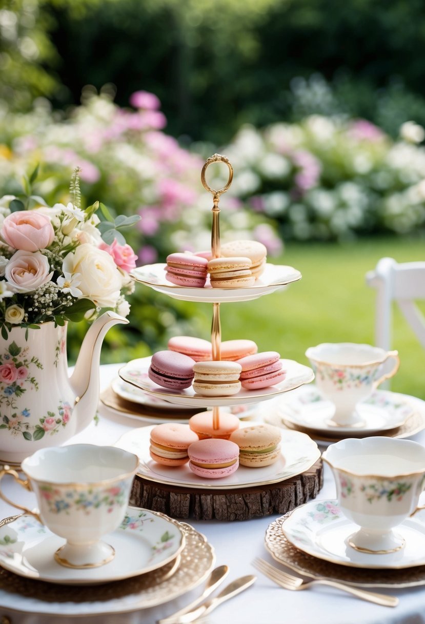 An elegant tea party with macarons, set in a garden with floral decor and delicate china, for a summer wedding shower