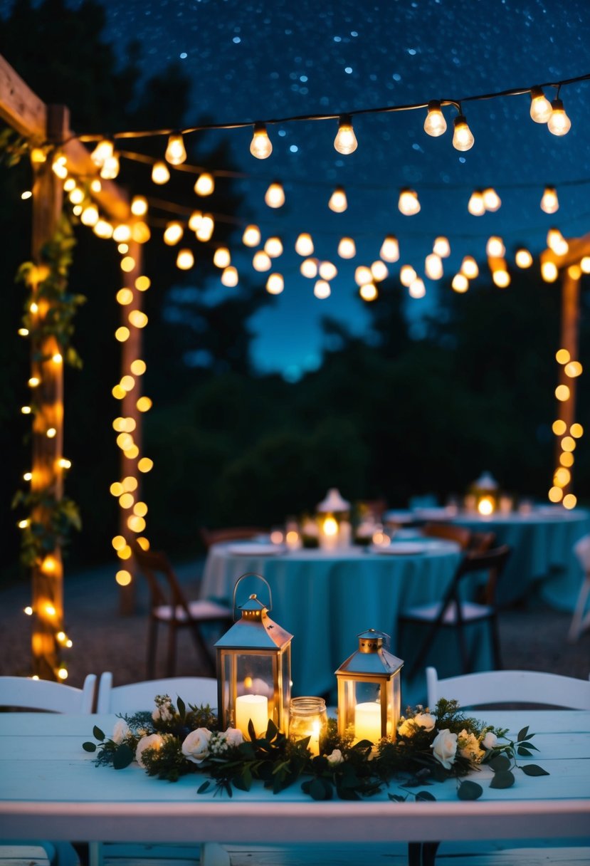 A cozy outdoor wedding shower with twinkling string lights, glowing lanterns, and a starry night sky