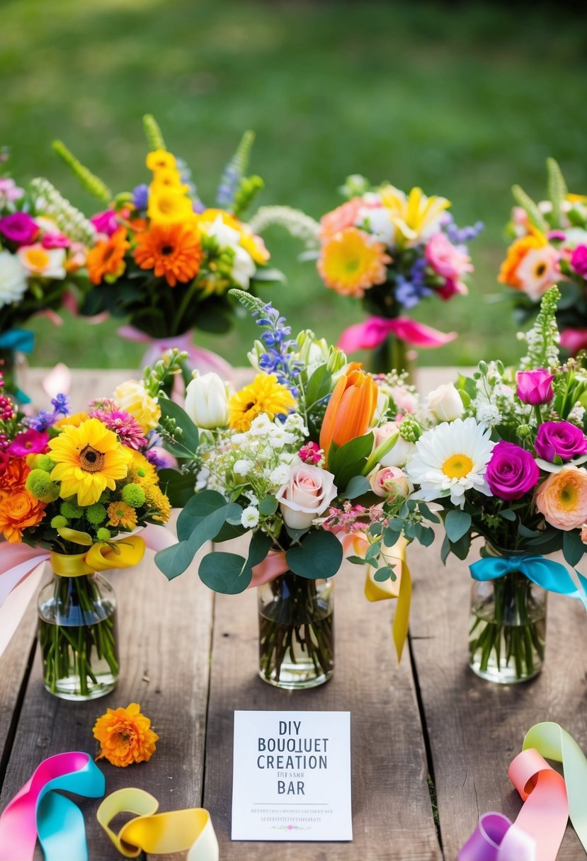 A colorful array of fresh flowers, ribbons, and vases arranged on a rustic wooden table for a DIY bouquet creation bar at a summer wedding shower