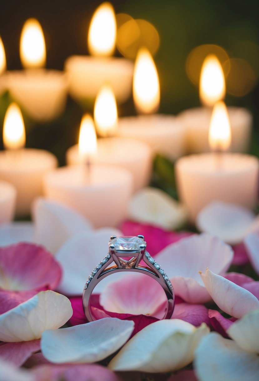 A wedding ring resting on a bed of rose petals, surrounded by flickering candlelight